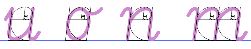 Letters u, o, n and mm in the Cogncur font, overlaid with golden rectangles